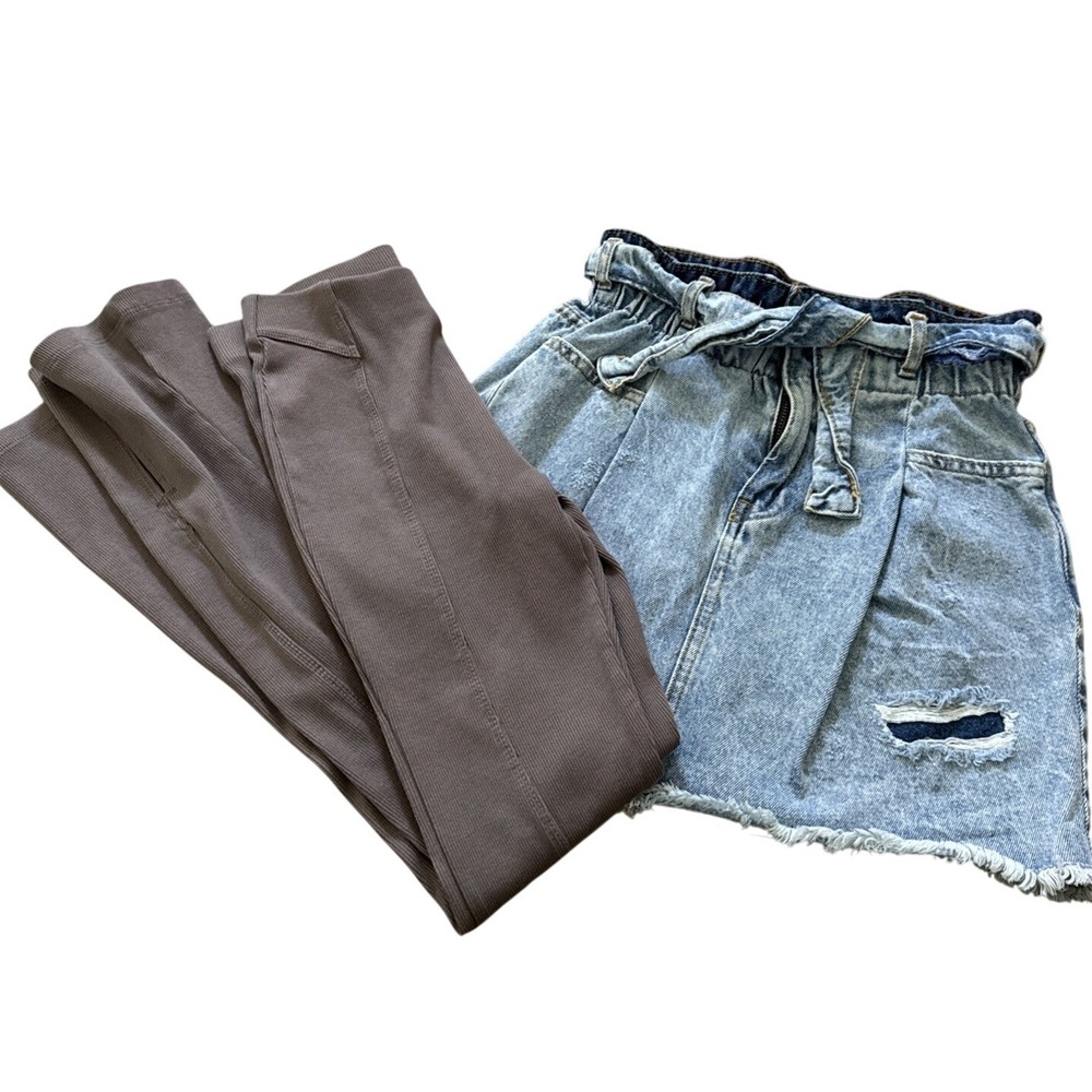 Zara Girls 11/12 2 Piece Lot Denim Skirt Ribbed Leggings Pants Brown Blue Modern